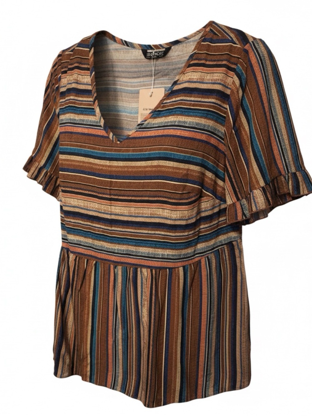 NWT: BloomChic size 10 Striped V-Neck Short Sleeve Peplum Top - Brown/Blue